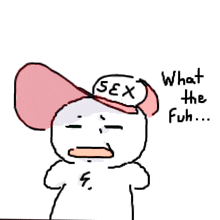 a cartoon character wearing a hat that says sex on it