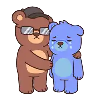 a brown teddy bear with glasses hugs a blue teddy bear who is crying
