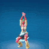 a cartoon character with green hair is jumping in the air with a blue background