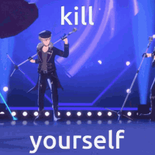 a man holding a sword on a stage with the words kill yourself