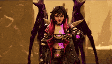 a video game character with purple wings and a purple glow
