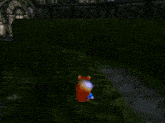 a cartoon squirrel in a blue shirt is standing in a grassy area