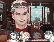 a man wearing sunglasses and a red and black striped shirt is surrounded by stuffed animals