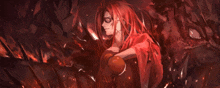 a woman with red hair and glasses is surrounded by fire