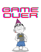 a cartoon monkey wearing a party hat and goggles stands in front of a game over sign