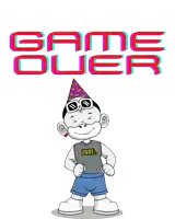 a cartoon monkey wearing a party hat and goggles stands in front of a game over sign