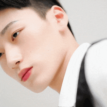 a close up of a person 's face with a white shirt and black tie