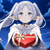a girl with white hair is holding a heart shaped box with a bow
