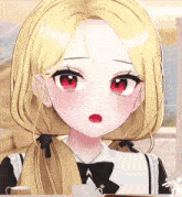 an anime girl with blonde hair and red eyes