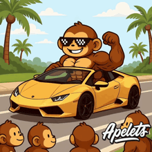 a cartoon of a monkey driving a yellow car with the word apelets on the bottom