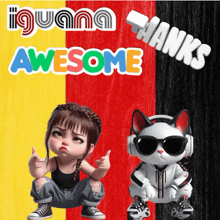 a picture of a girl and a cat with the words awesome written above them