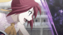 a close up of a girl with red hair in an anime