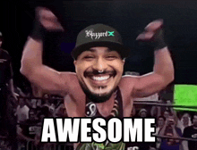 a man wearing a blizzard hat is holding his arms up