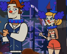 a cartoon of a man and a woman dressed as clowns standing next to each other