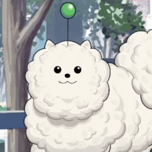 a cartoon drawing of a fluffy white dog with a green ball on its head