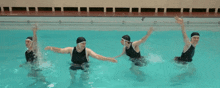 a group of people are swimming in a pool with the number 4 on the edge