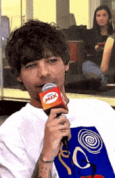 a man is holding a microphone in front of his face and talking into it .
