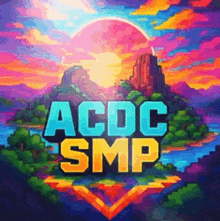 the logo for a video game called acdc smp with a sunset in the background