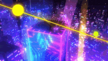 an aerial view of a futuristic city at night with neon lights and a yellow line .