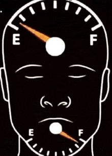 a black and white drawing of a person 's face with a speedometer reading e