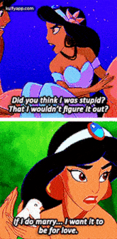 jasmine from disney 's aladdin is holding a white bird and says " did you think i was stupid "