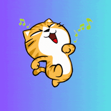 a cartoon cat is singing with a purple background