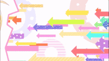 a girl with blonde hair is standing in front of a colorful background with arrows pointing to different directions