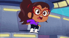 a cartoon girl wearing glasses and a purple shirt