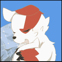 a cartoon drawing of a white and red dog with a blue background