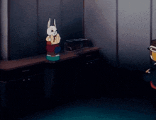 a cartoon of a squirrel and a rabbit standing next to each other in a dark room