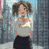 a girl wearing a white shirt that says wen