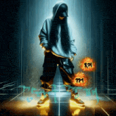 a woman in a hoodie stands in a dark room with chinese writing on the wall