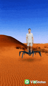 a man is standing on a spider in the middle of a desert with vios written on the bottom