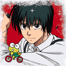 a cartoon of a boy with a frog on wheels