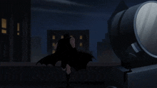a cartoon of batman flying through the air with a camera in the foreground