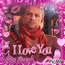 a man in a red scarf is surrounded by pink hearts and says i love you sexy angel