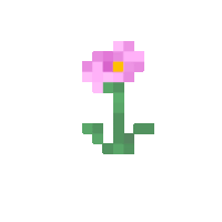 a pixel art illustration of a pink flower with a yellow center and green stem .