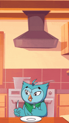 a cartoon of a blue bird holding a knife and fork