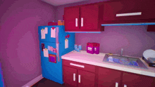 a kitchen with red cabinets and a blue refrigerator that says ' i love you ' on it