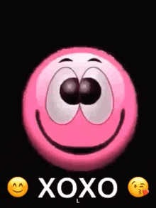 a pink smiley face is blowing a kiss and saying `` xoxo '' on a black background .
