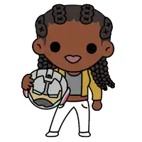 a cartoon of a girl holding a helmet with x 's on her head