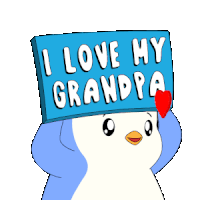 a penguin with a sign on its head that says i love my grandpa