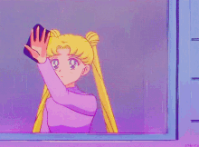 a girl is looking at her reflection in a mirror with a purple background