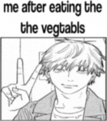 a black and white drawing of a man pointing at his head with the words me after eating the vegetables above him .
