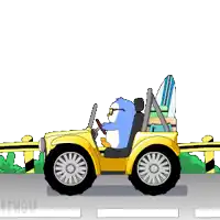 a cartoon of a penguin driving a car with surfboards on the back