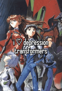a group of anime characters standing next to each other with the words i love depression transformers on the bottom