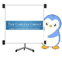 a penguin is standing in front of a presentation board that says the carlyle group