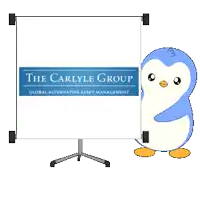 a penguin is standing in front of a presentation board that says the carlyle group
