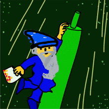 a cartoon of a wizard with a beard holding a green stick