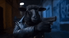 a black sheep wearing a leather jacket and chains is holding a bag of money